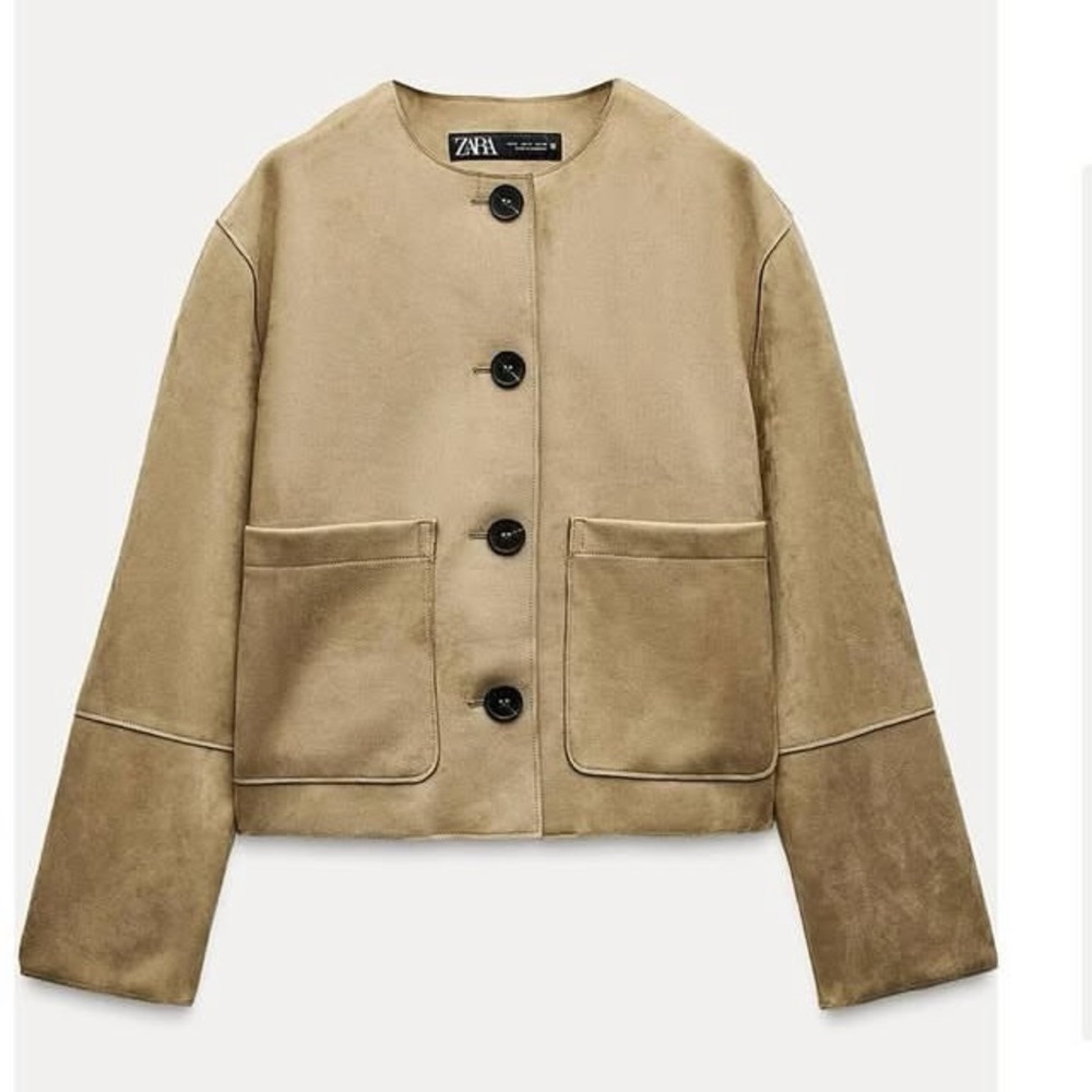 ZARA FAUX SUEDE JACKET TAUPE BROWN 6318/233/704 XS CAPSULE WARDROBE BUTTONS